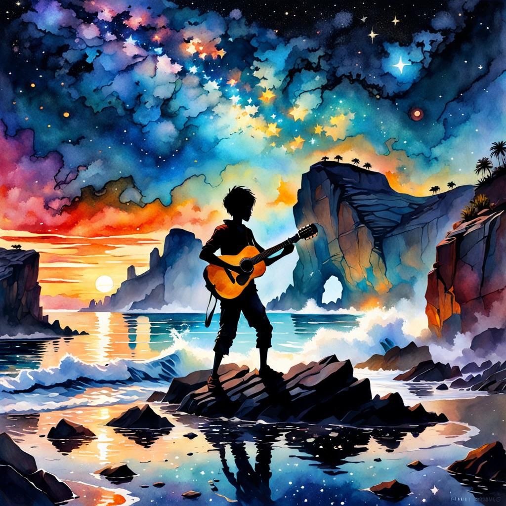 Sunset Guitarist on Starry Shores: Watercolor Art