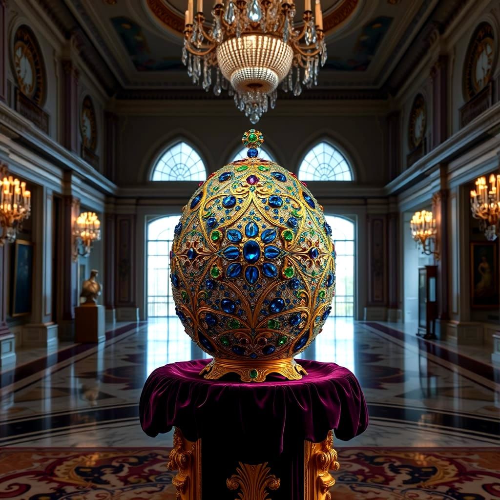 Luxurious Faberge Egg Masterpiece on Pedestal