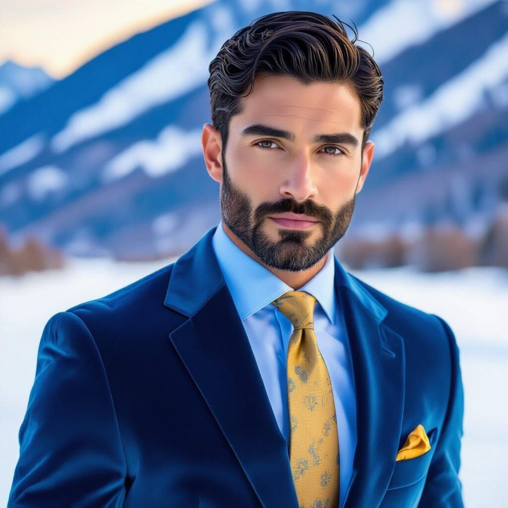 Man in Blue Velvet Suit on Snow Mountain Landscape