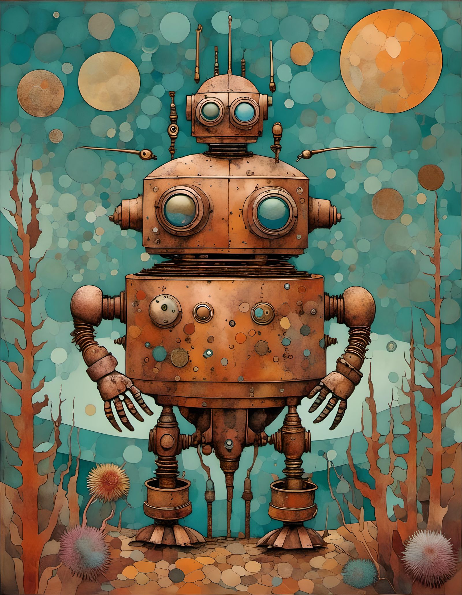 Steampunk Robot Robbie on Mars with Squid Aliens