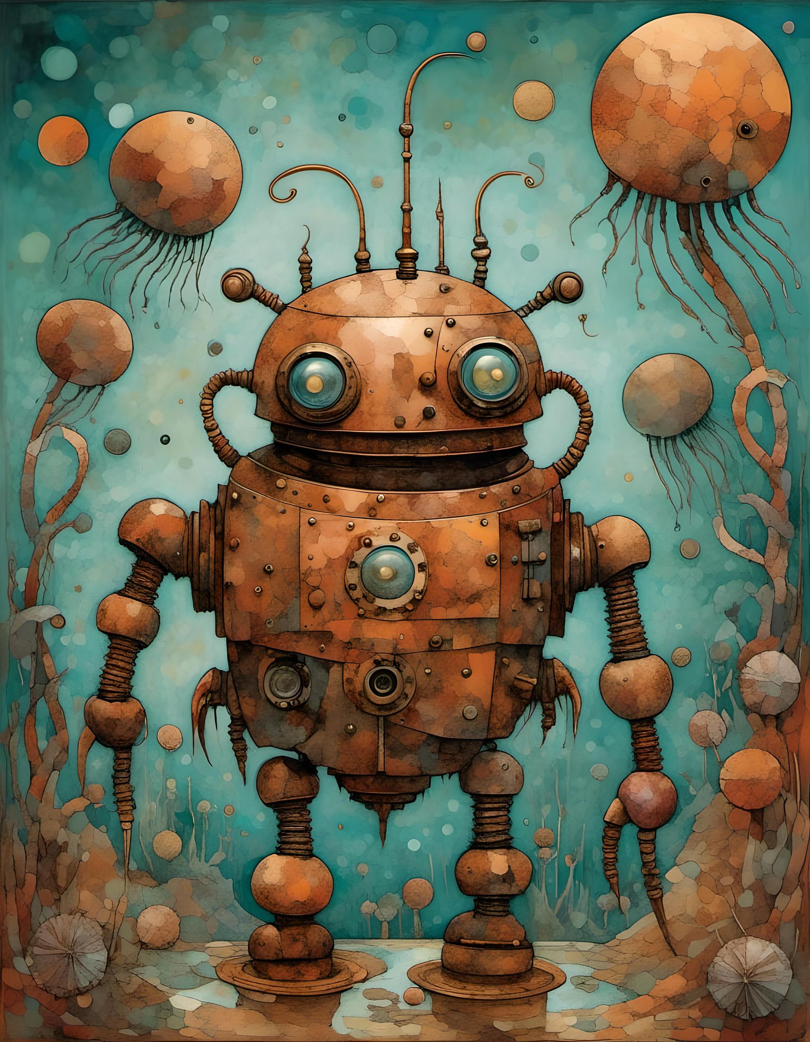 Steampunk Robot Encounters Squid Aliens on Mars