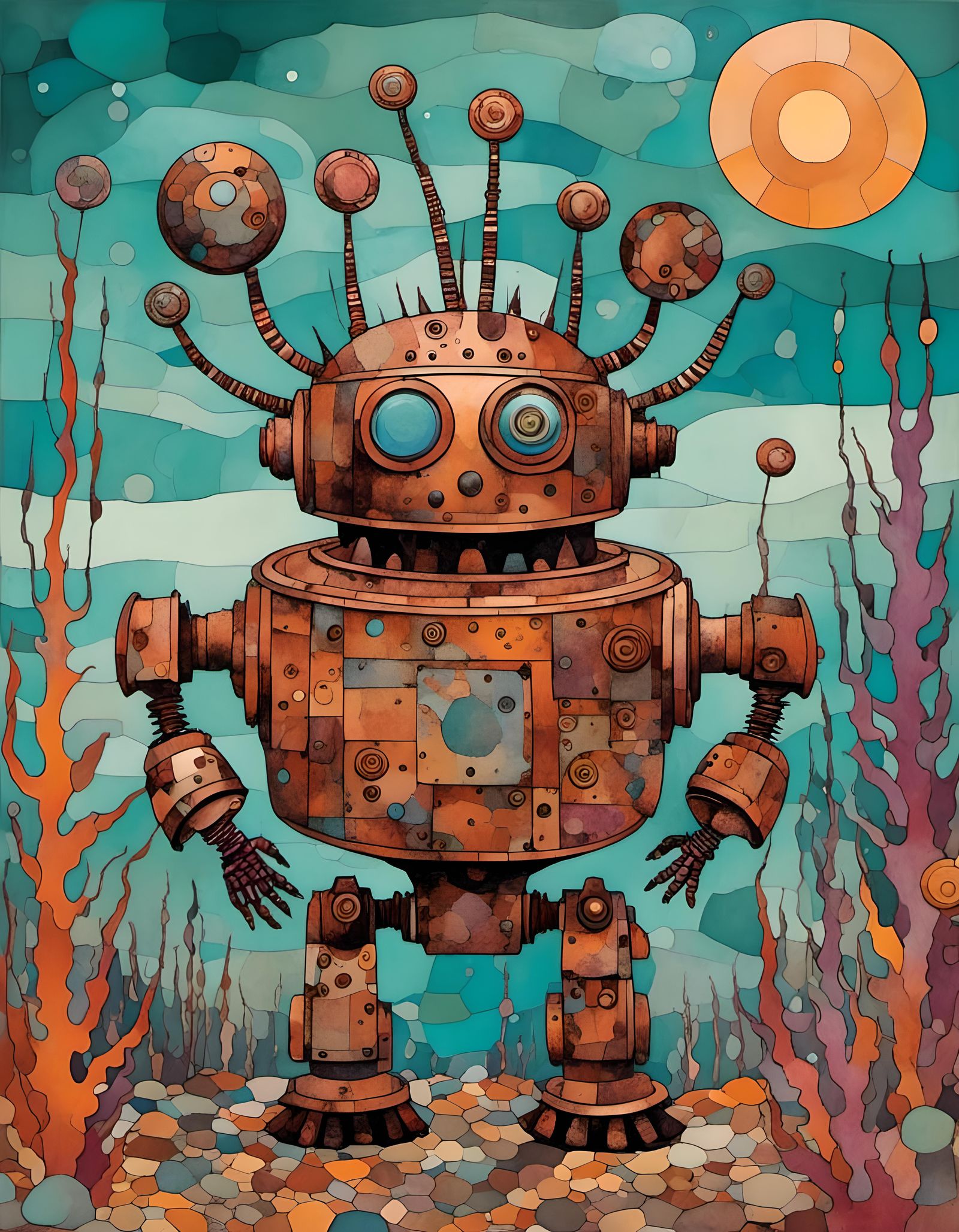 Steampunk Robot Encounters Martian Aliens