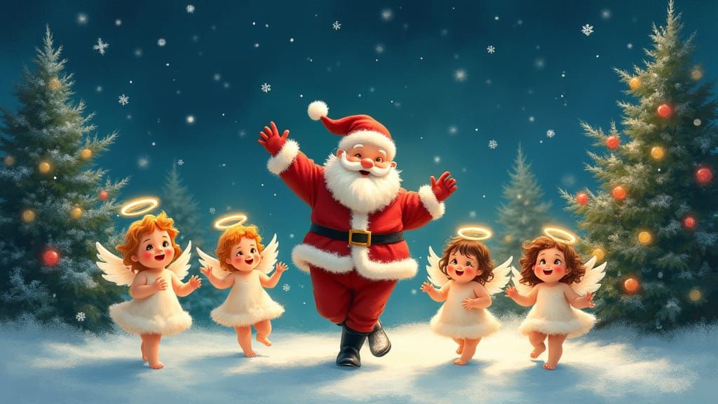 Dancing Santa with Angels: Christmas Fantasy Art