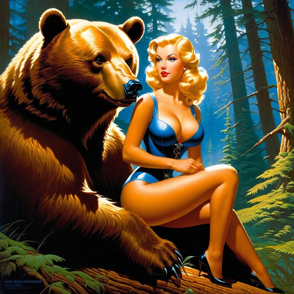 Woman and Bear in Airbrushed Fantasy Style