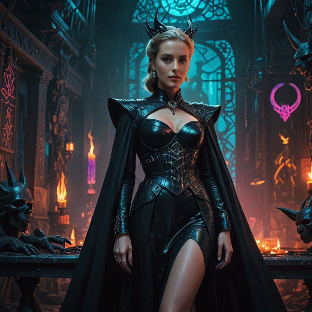 Witch Queen in Cyberpunk Neon Setting