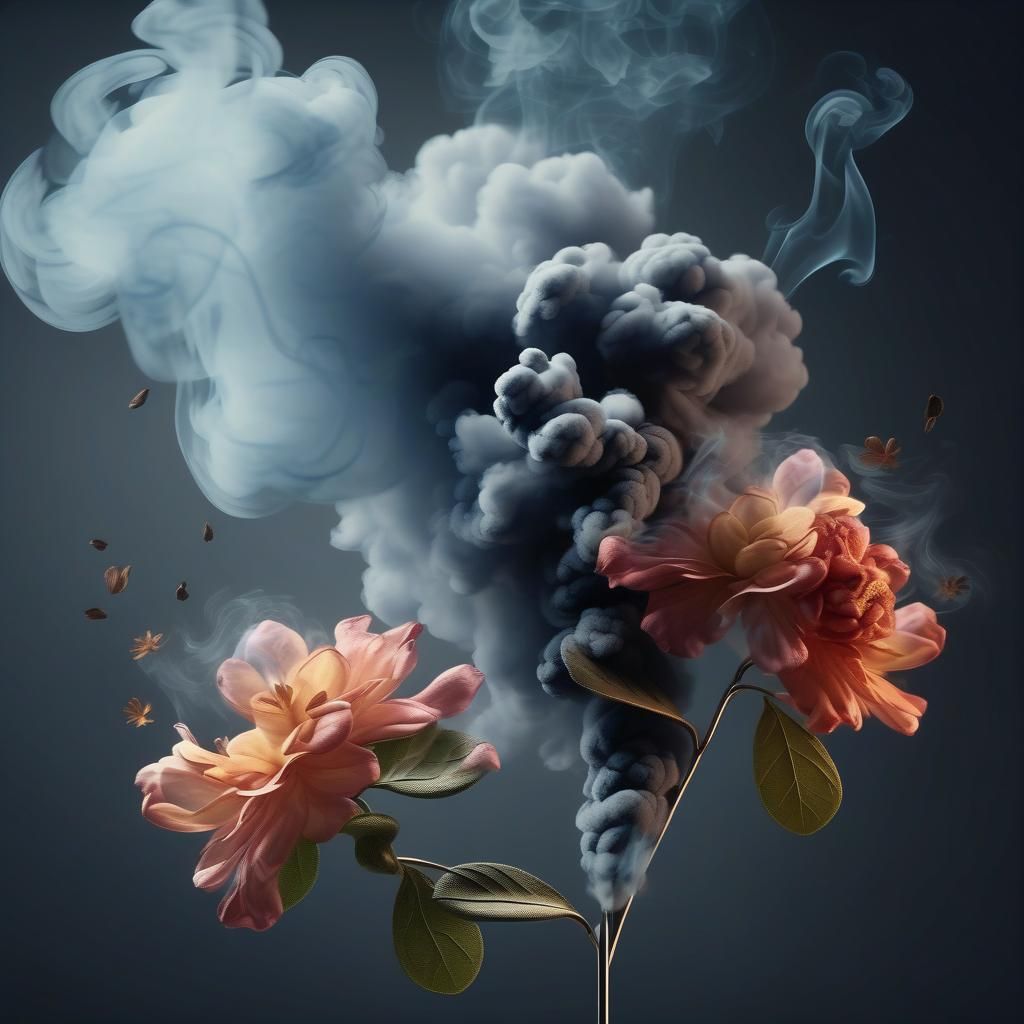 Combine images of smoke with floral elements, where the smoke intertwines with the petals and leaves, symbolizing a blen...
