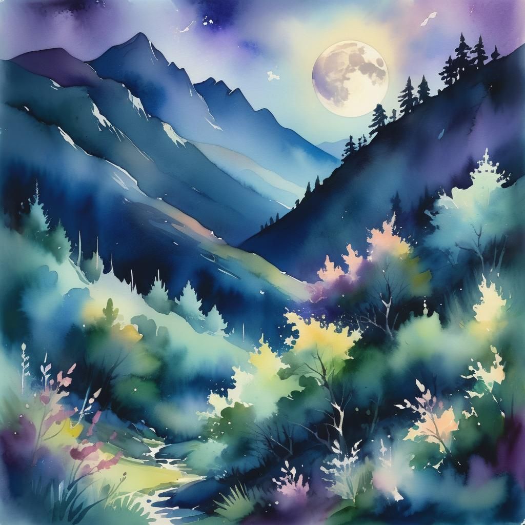 Ethereal Moonlit Mountain Landscape in Watercolor