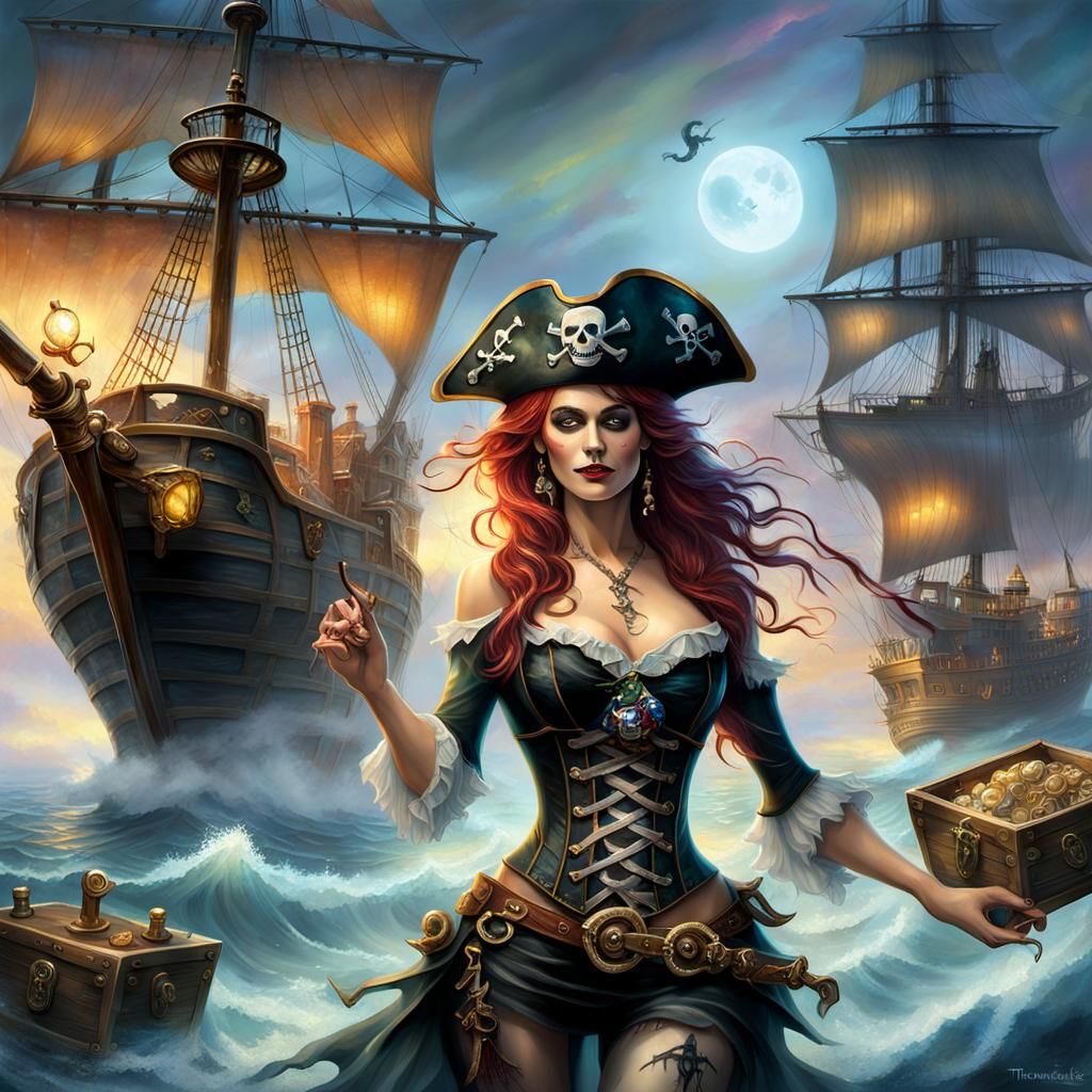 Pirate Woman and Skeleton with Treasure Chest
