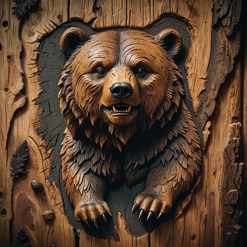 Detailed Wooden Bear Carving in Cinematic Style