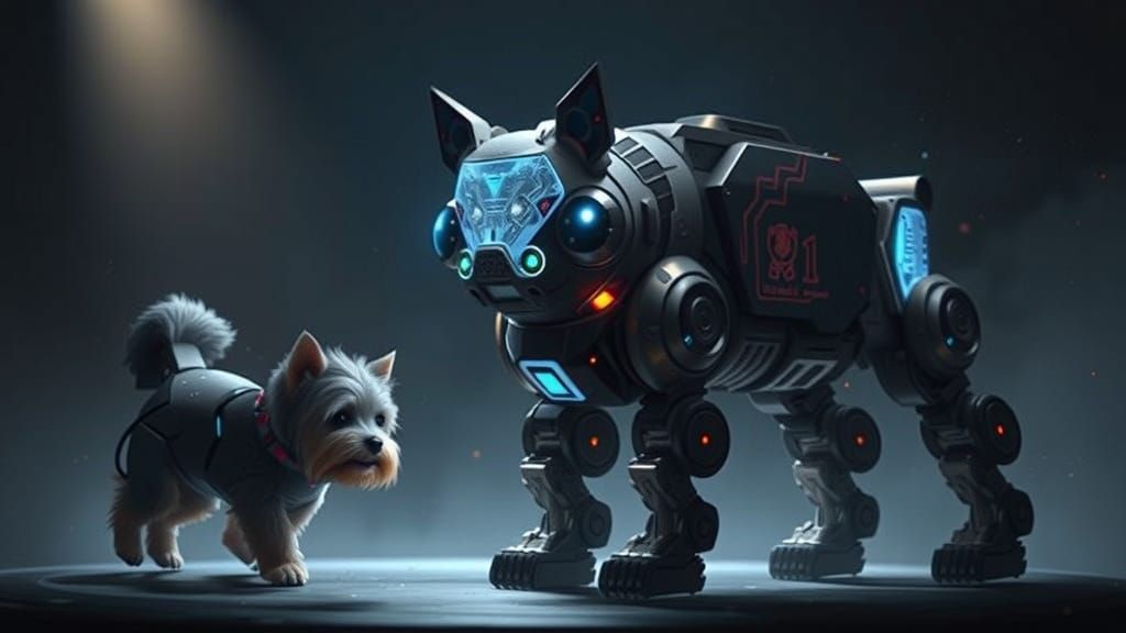 Futuristic Robot Biewer Terrier with Glowing Blue Eyes