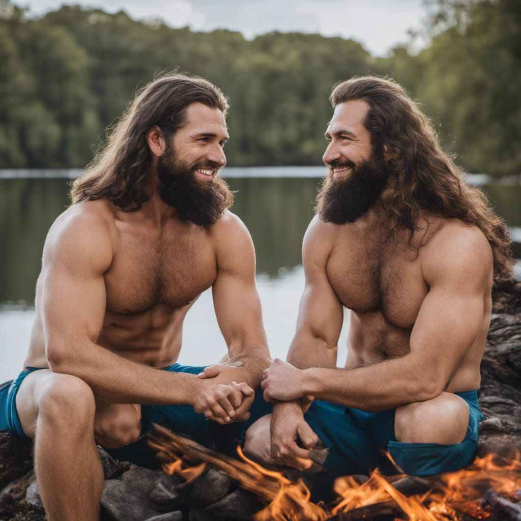 Two Bearded Men Portrait by Campfire
