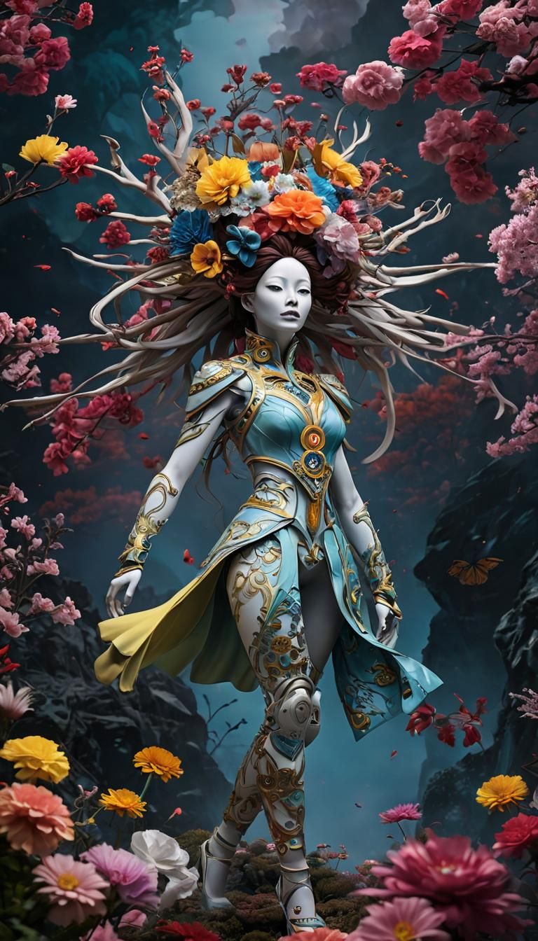 Ethereal Goddess Among Whirling Flowers in a Stormy Mechanic...