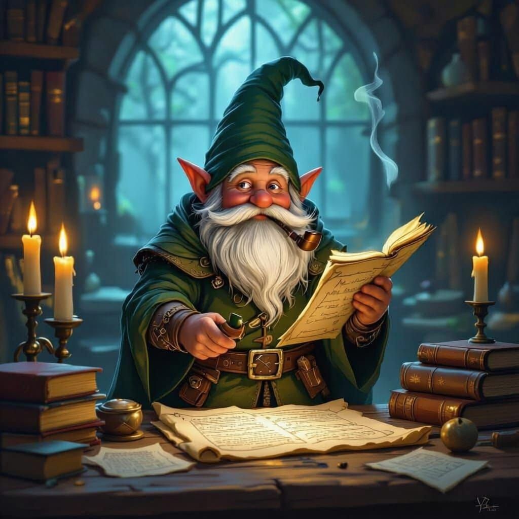 Gnome Mage Studies Spell Scroll in Candlelit Study