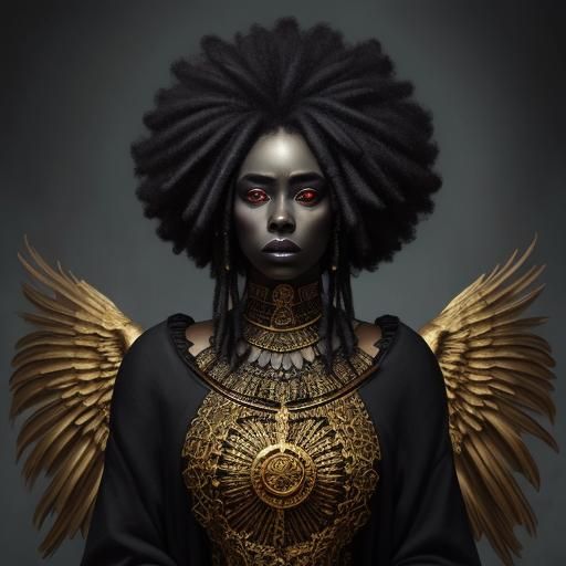 Afro-surrealism. Medium shot. A Conspirator-coat-wearing woman with raven wings and large, bold, colorful feather embell...