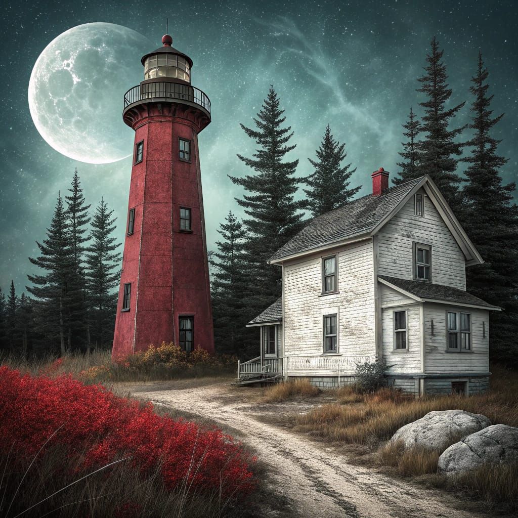Moody Red Lighthouse with Moonlit Sky, Digital Art
