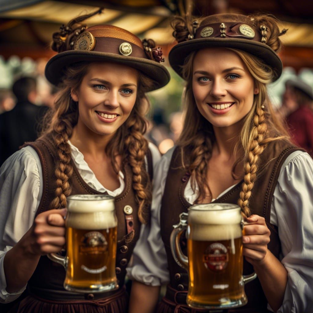 Oktoberfest Beer Garden Scene with Serving Ladies