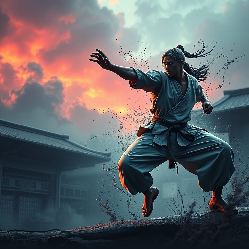 Dynamic Karate Scene in Detailed Matte Painting
