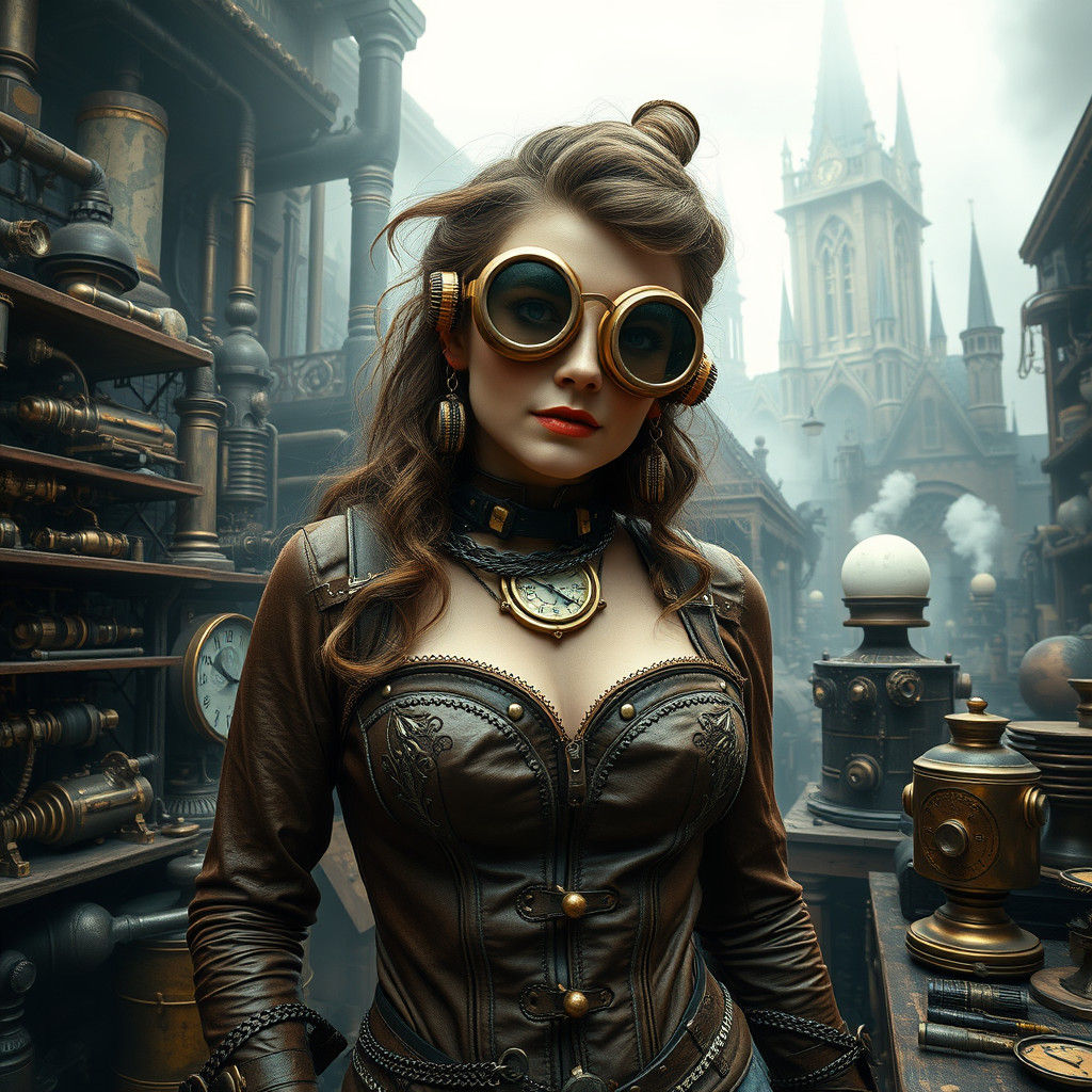 Steampunk Woman in Workshop with Brass Accessories