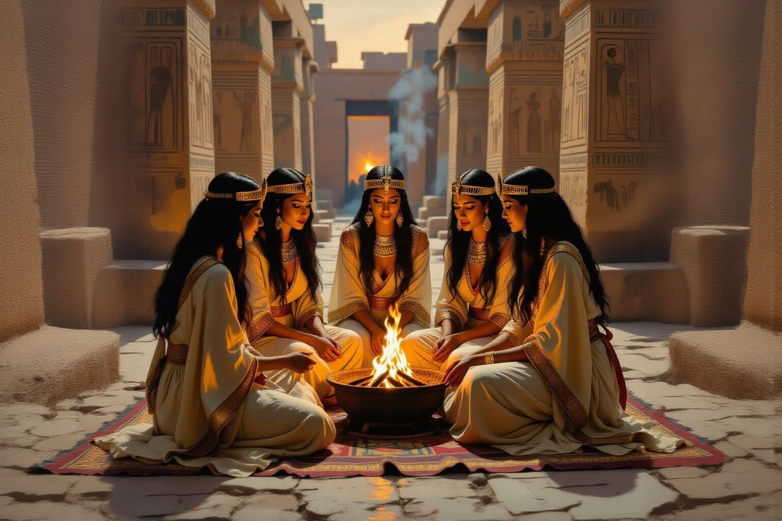 Egyptian Women in Temple Ruins: Oil Painting