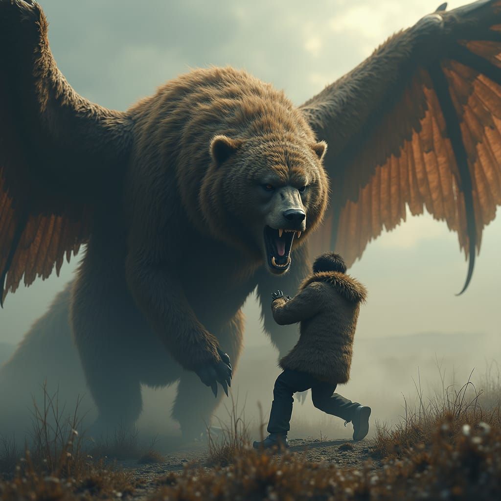 Gryphon Rescues Man From Bear: Epic Digital Art