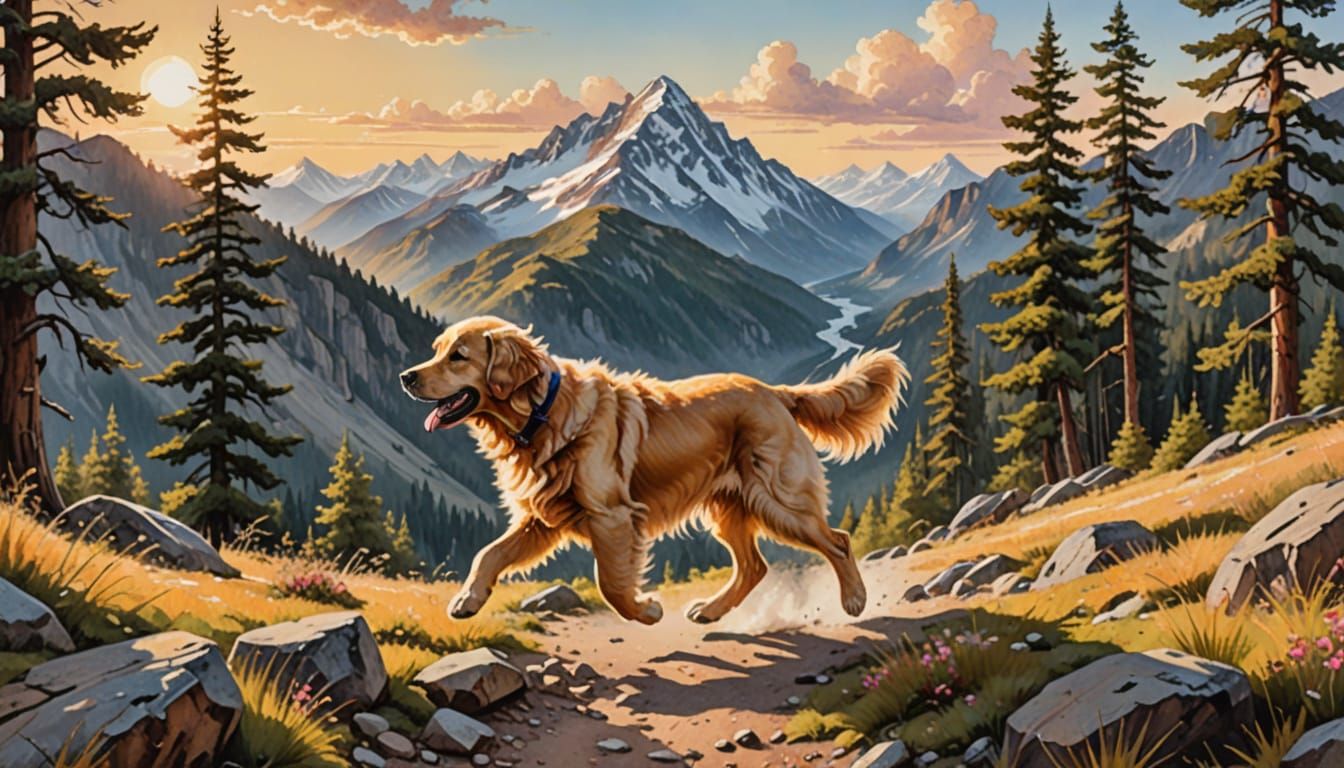 Golden Retriever Puppy Runs Mountain Trail at Golden Hour