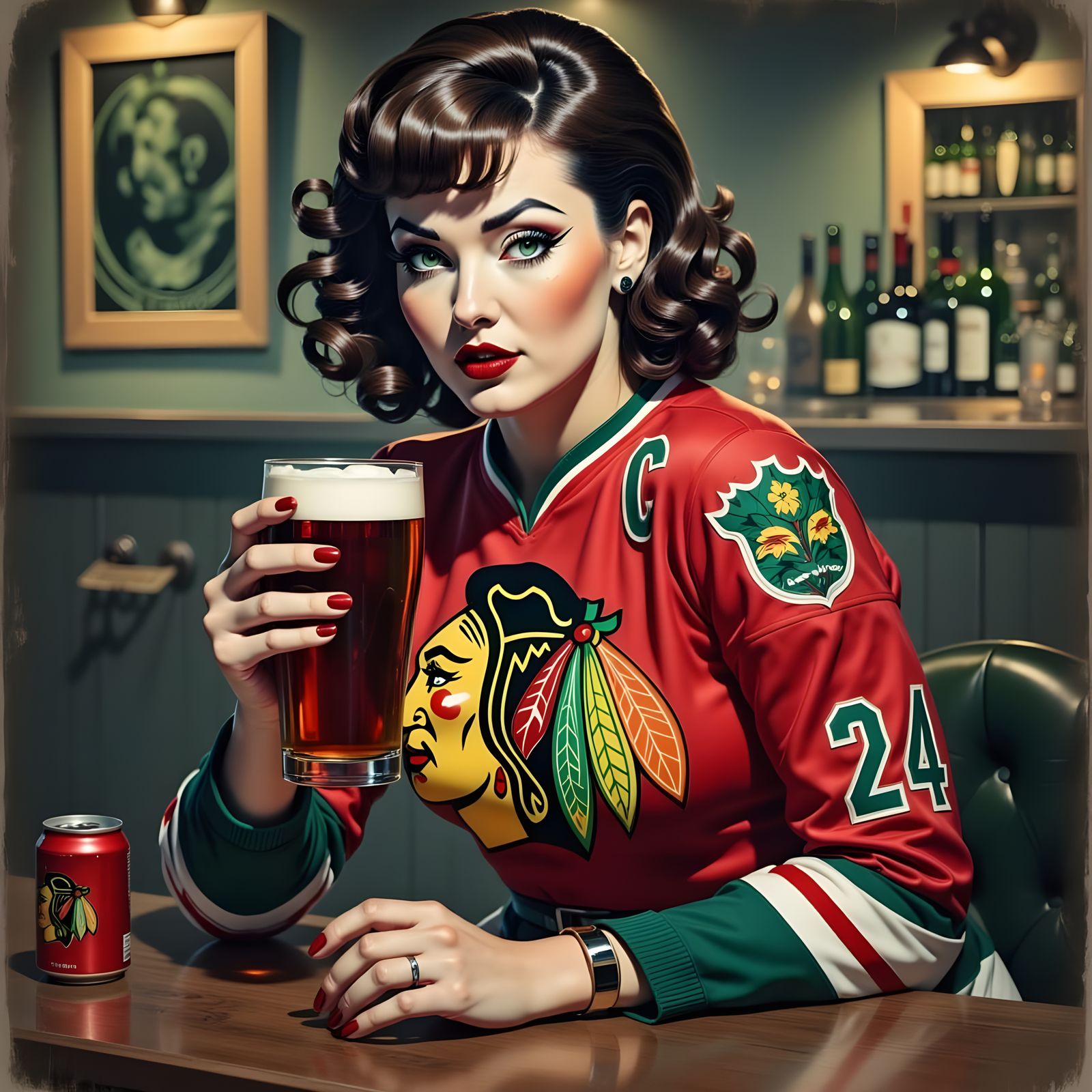 Attractive Woman in Chicago Blackhawks Jersey at Bar