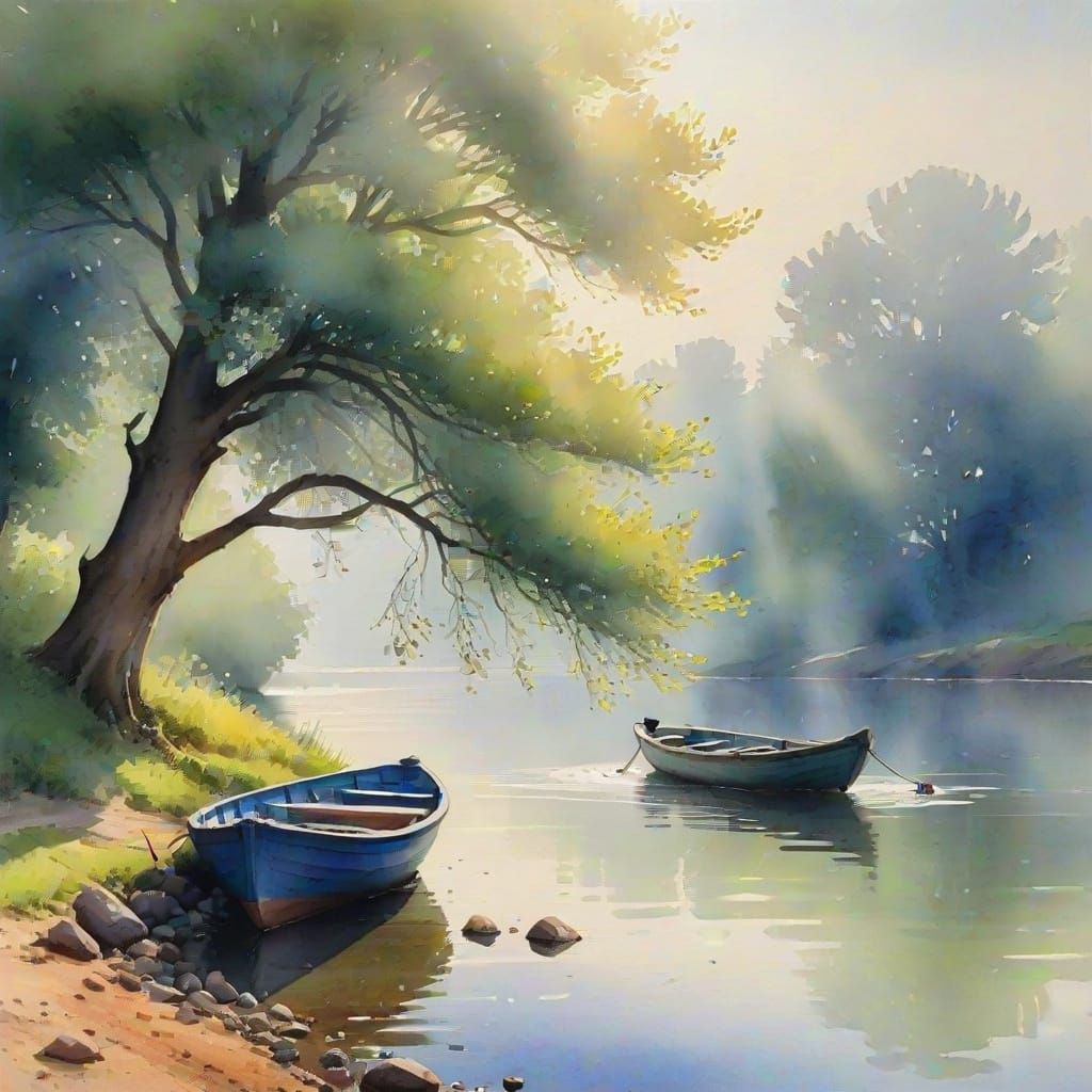 Watercolor Tree on Riverbank in Misty Light
