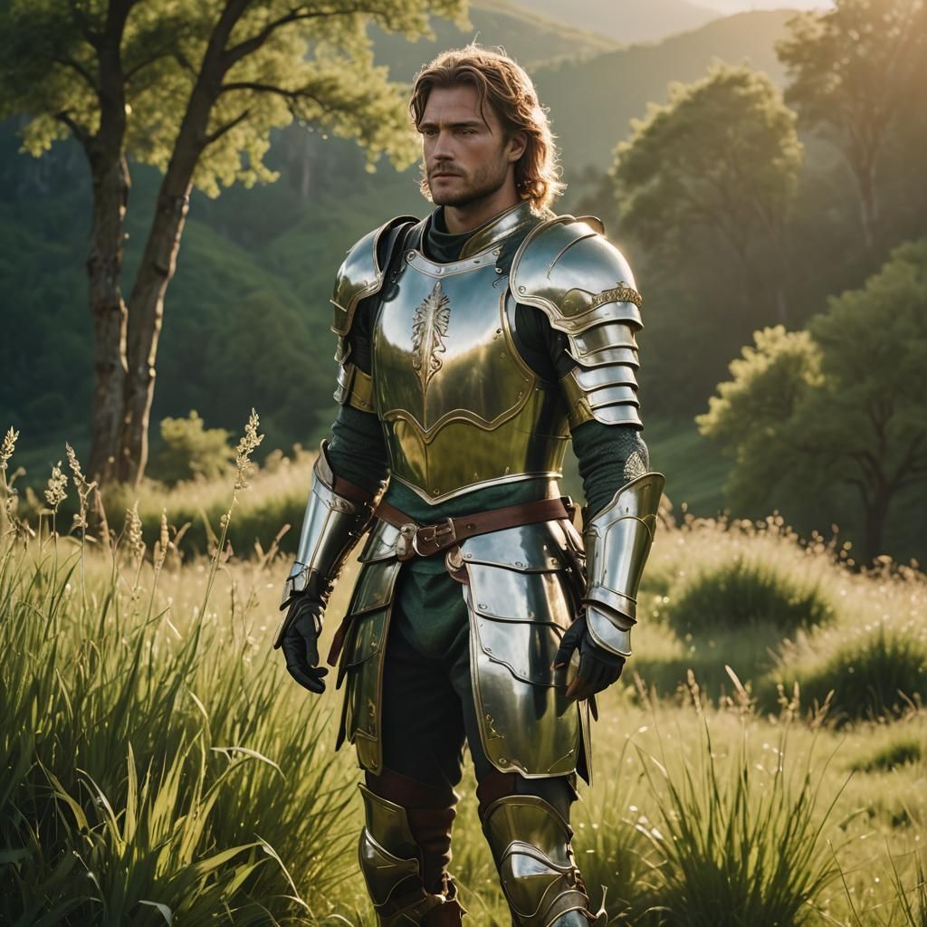 Young Knight in Sunlit Valley: Cinematic Still
