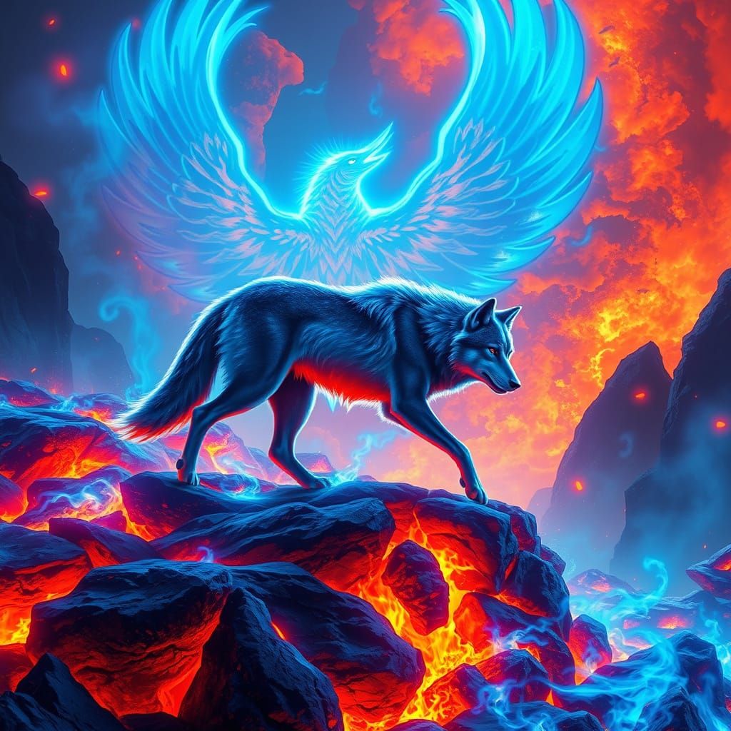 Wolf and Phoenix in a Fiery Landscape