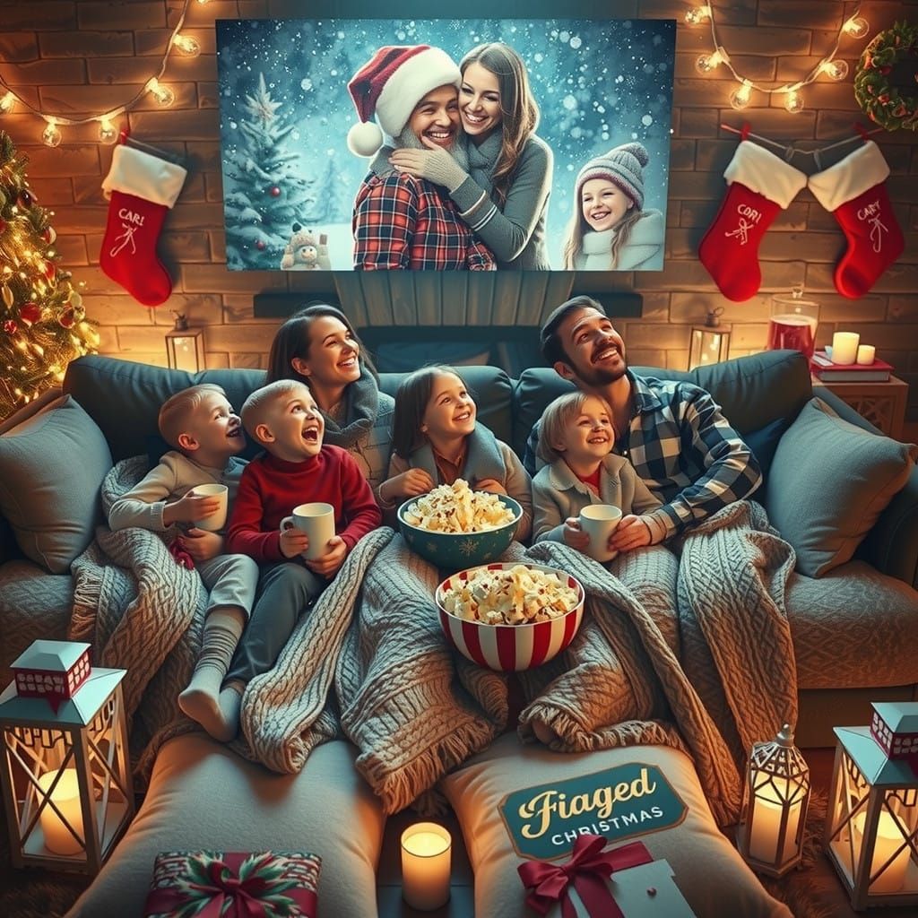 Cozy Family Movie Night Christmas Scene in Warm Nostalgic St...
