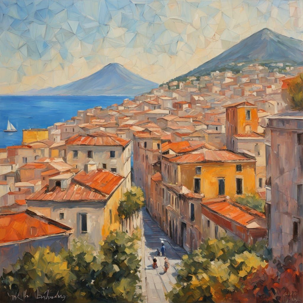 Neo-Impressionist Naples Cityscape with Vesuvius