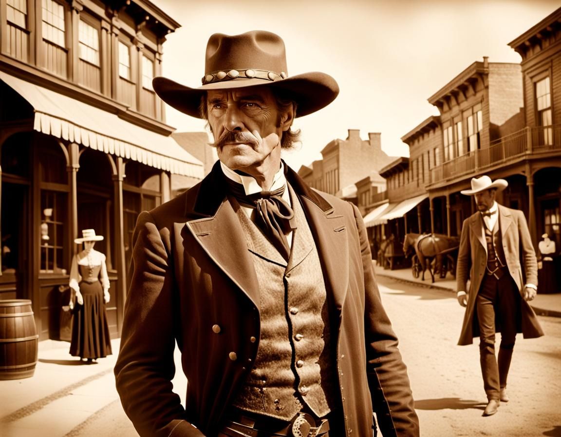 Cowboy and Lady in Western Town, Sepia Photograph