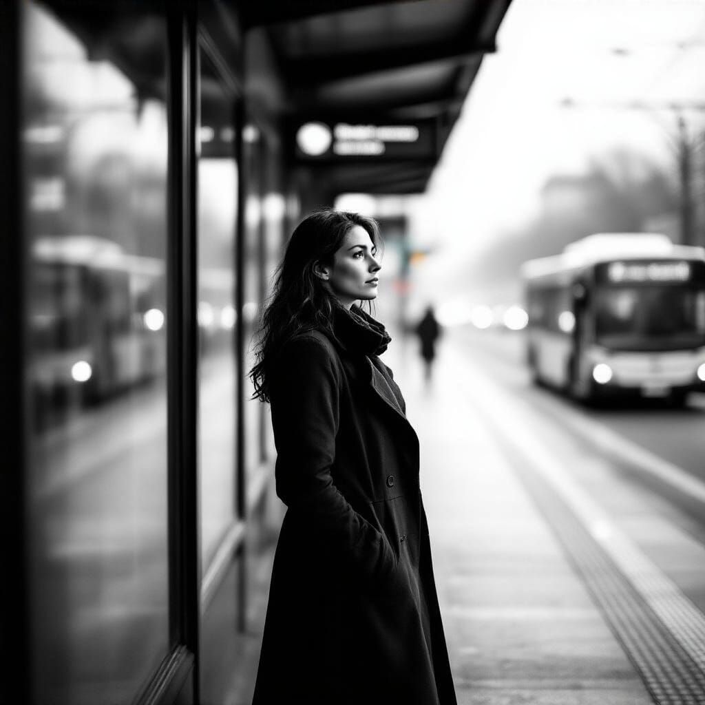 Woman at Bus Station in Black and White Style