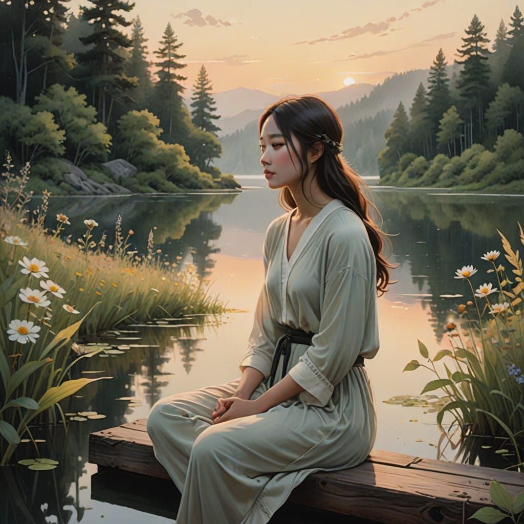 Serene Morning Reflections in Whimsical Watercolor Style