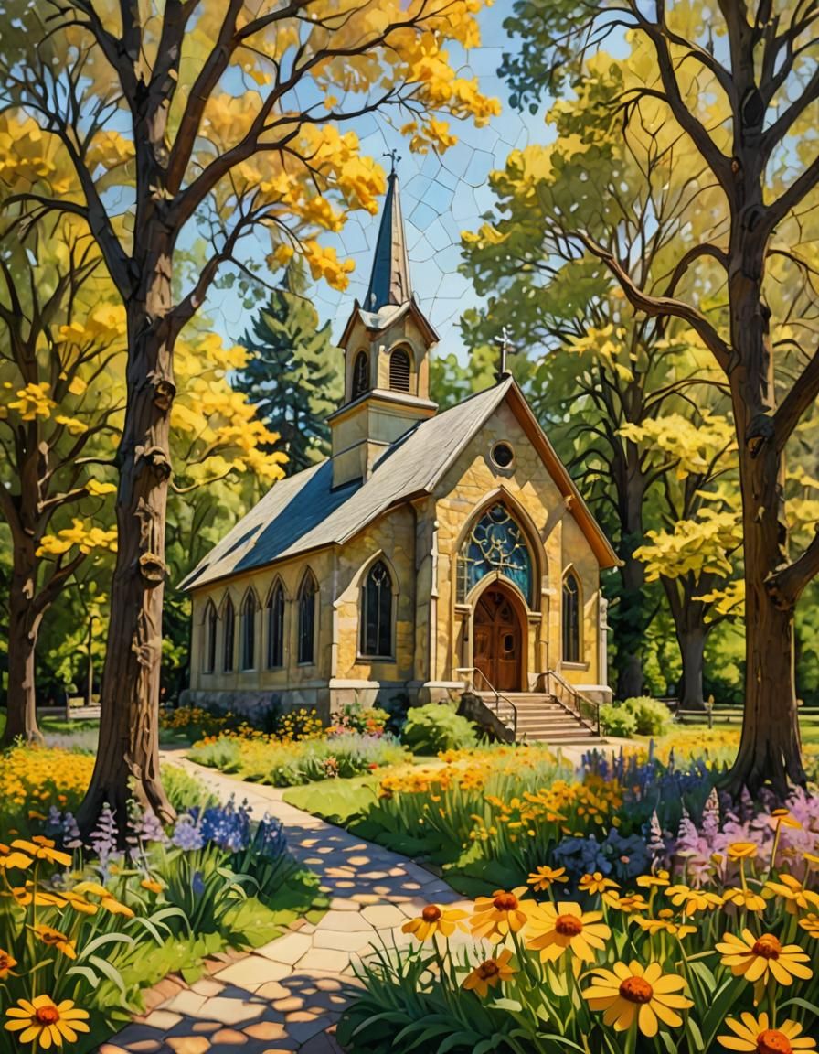Impressionistic Country Church with Stained Glass