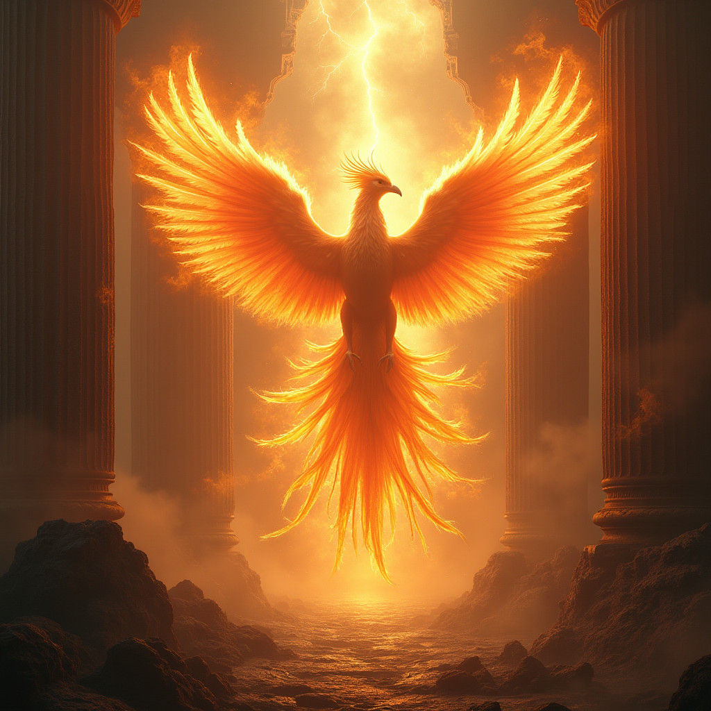 Phoenix Reborn from Temple Ruins in High-Fantasy Style