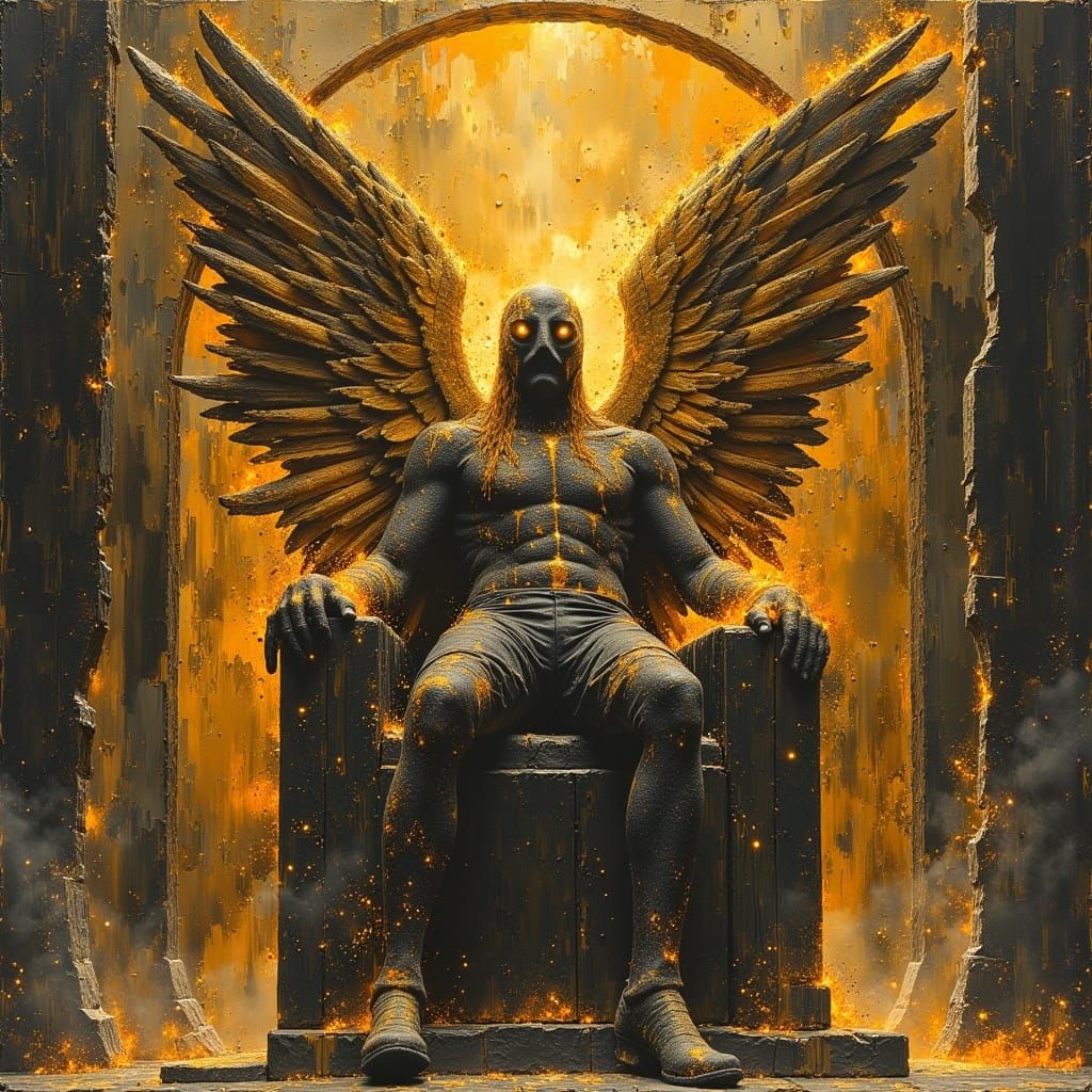 Celestial Champion on Floating Citadel as Dark Oil Painting