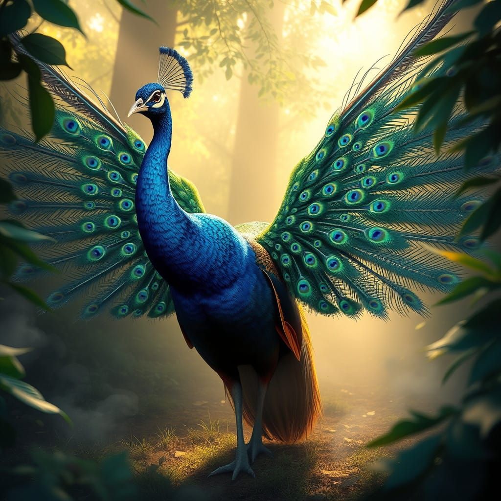 Ethereal Peacock Struts Through Misty Forest
