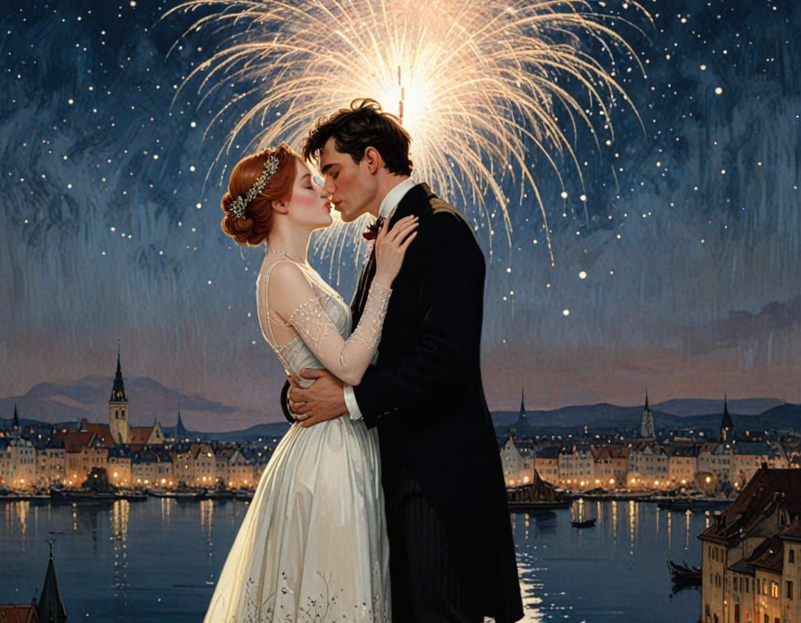 Whispers of Enchanted New Year's Kiss Under Starlit Sparklin...
