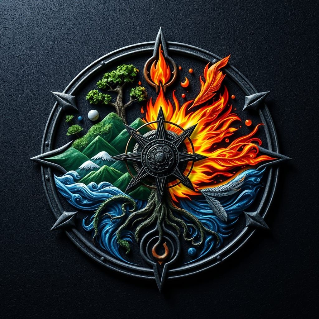 A circle within a circle, pagan, design, 4 corners, Earth Air Fire and Water. Earth is represented with lush green folia...