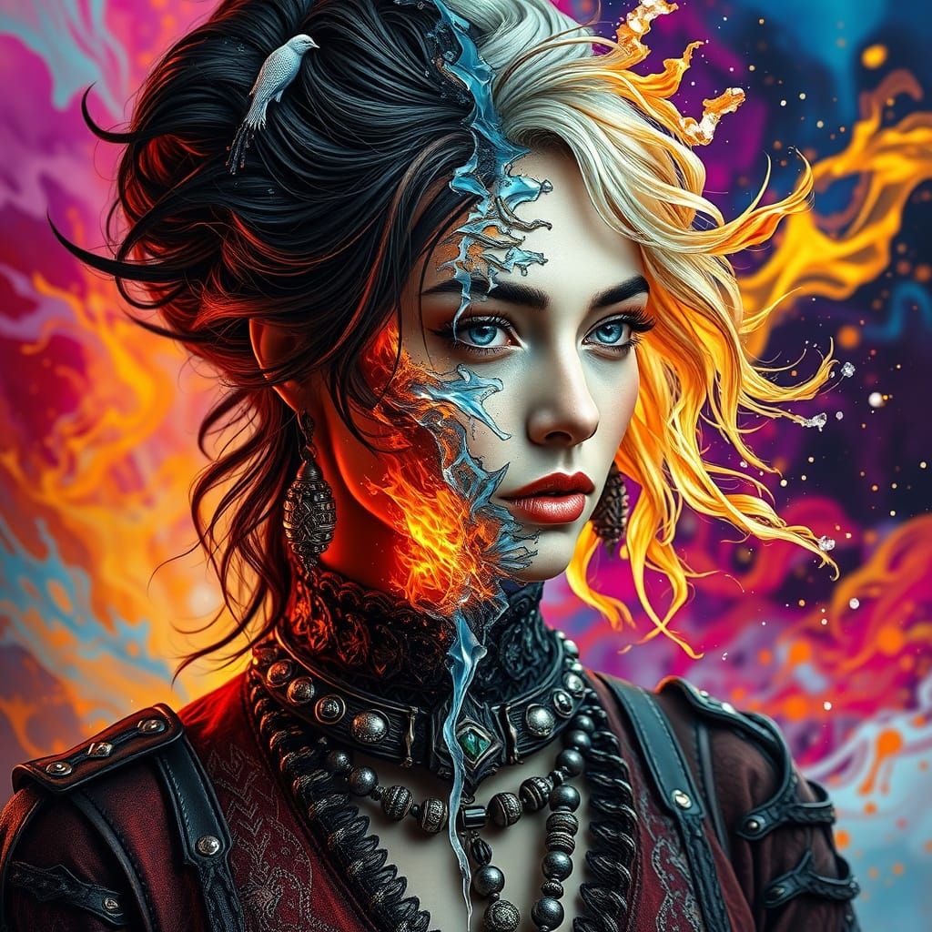 Surreal Woman Blends Flame and Frost in Hyperrealistic Art