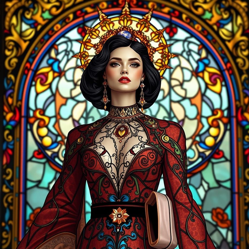 Elegant Celestial Women in Ornate Stained Glass Fashion