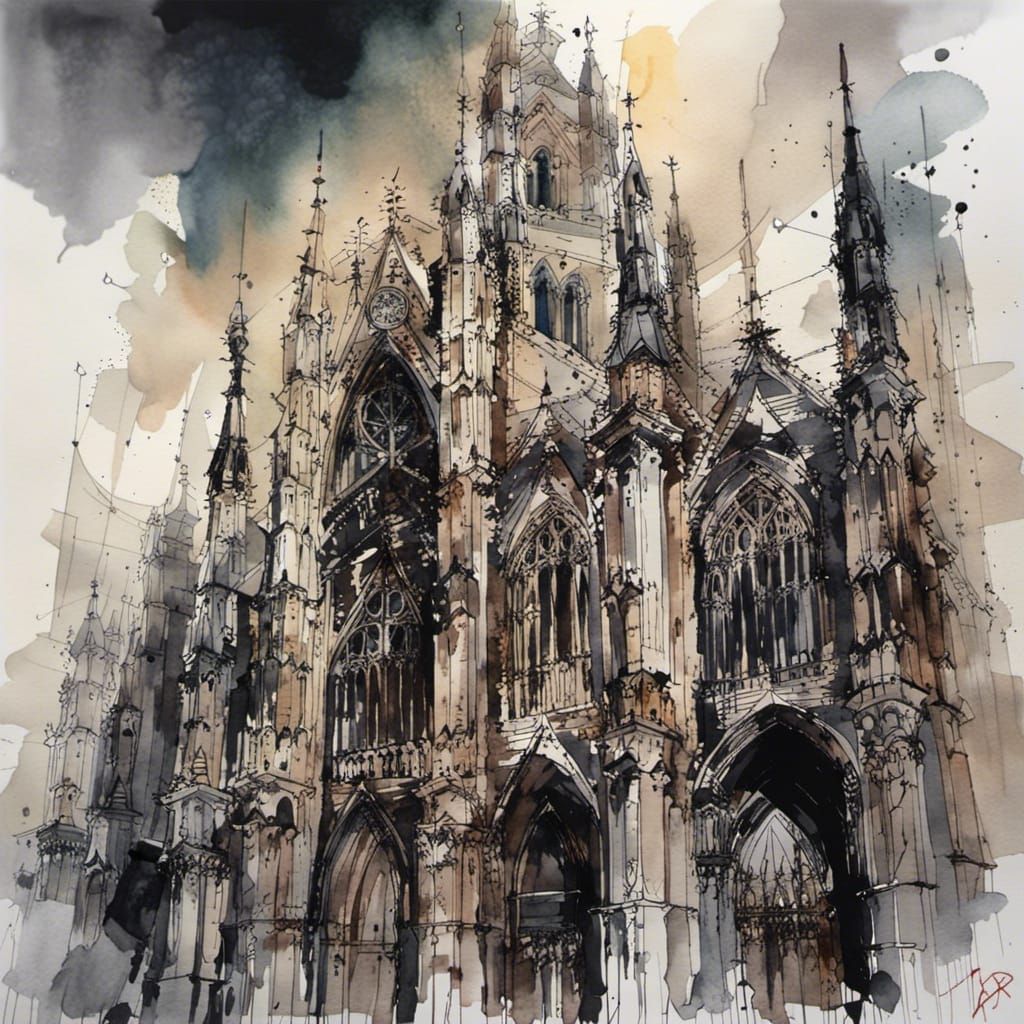 Epic Gothic Cathedral in Watercolor Style
