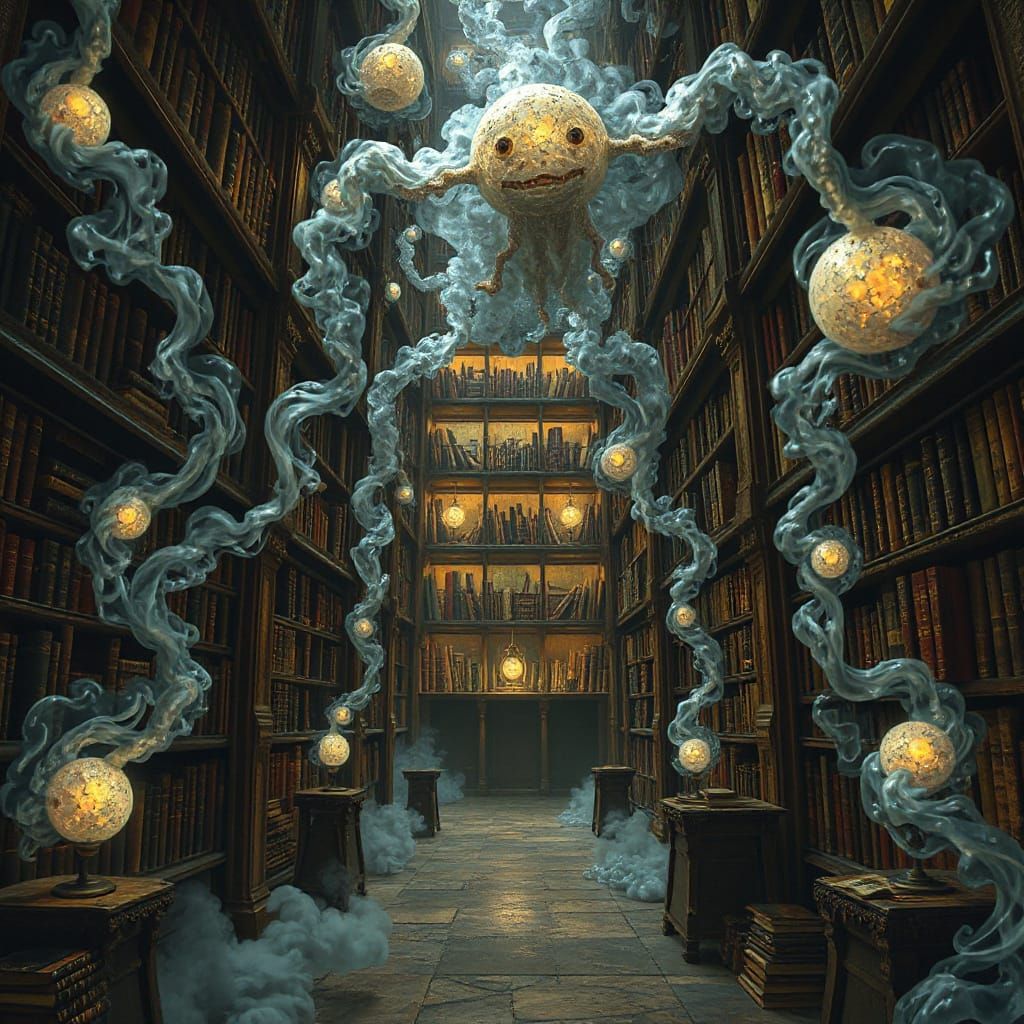 Ancient Library of Smoke Books and Cosmic Beings