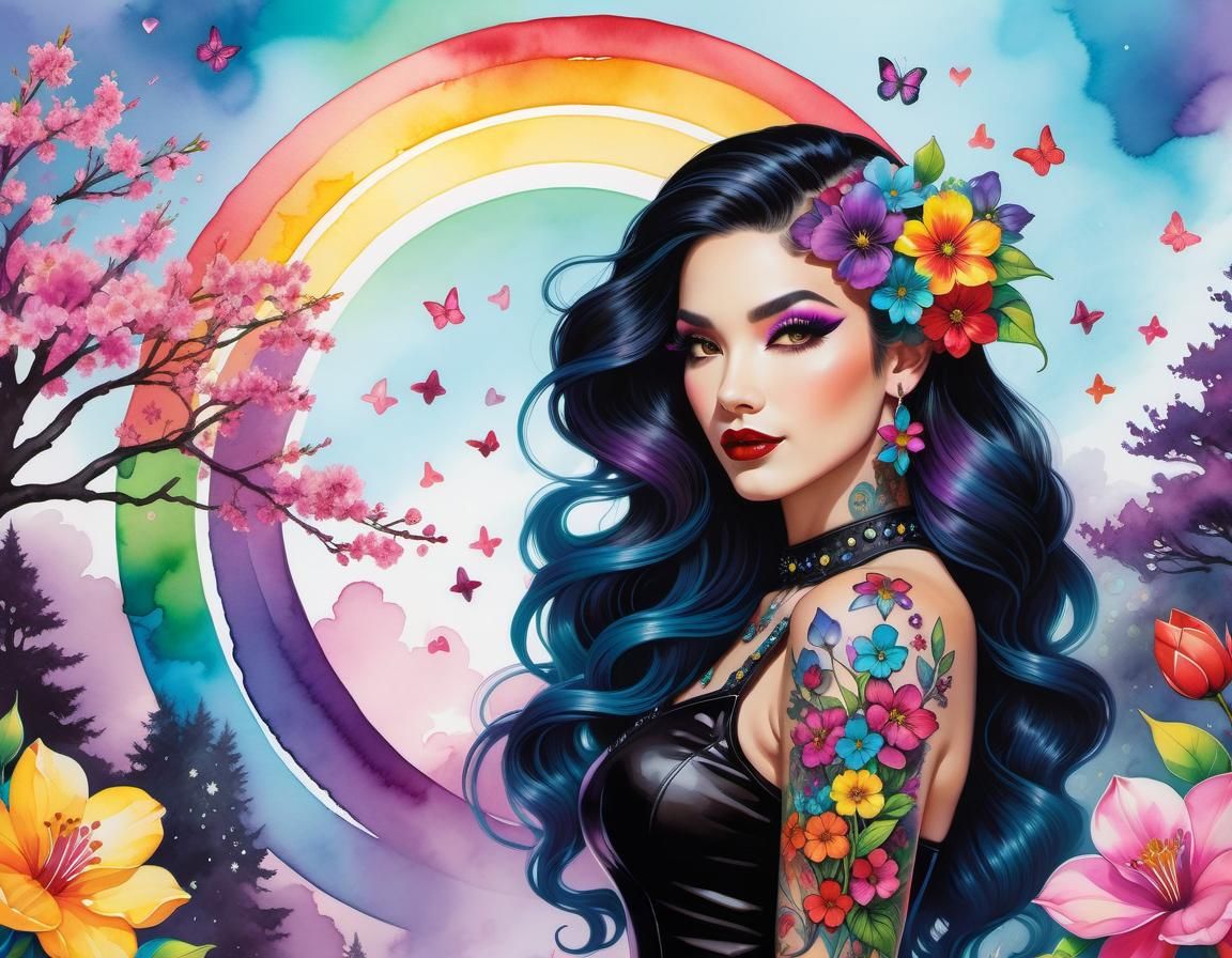 Spring Flowers with Rainbow Crystals in Watercolor Style