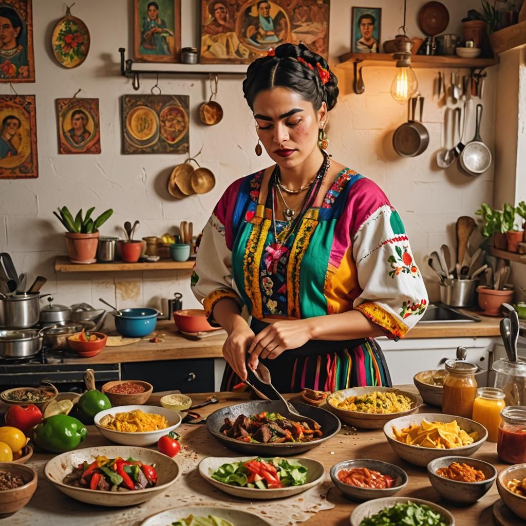Latina Woman Cooks Fajitas, Frida Kahlo Style