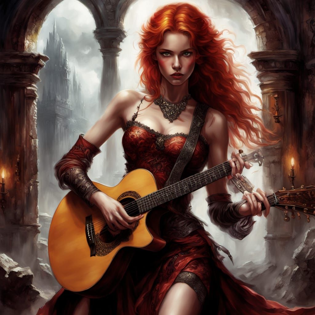 Woman Playing Guitar in Ruined Building, Fantasy Art Style