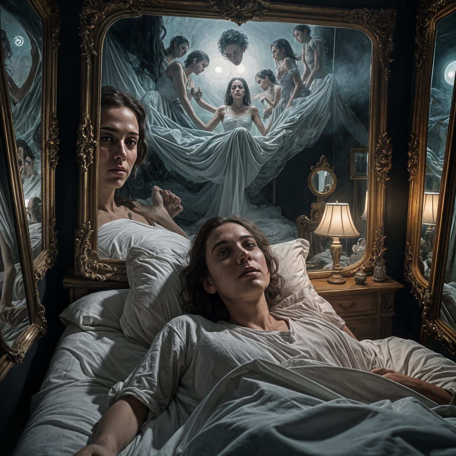 Surreal Upside Down Bedroom in Dark Mirror Reflection