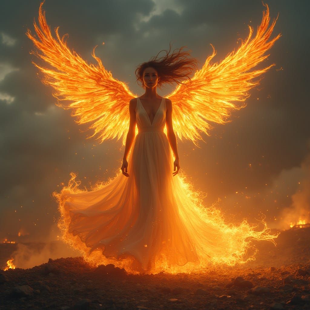 Strong Woman Rises from Ashes as Phoenix with Luminous Wings