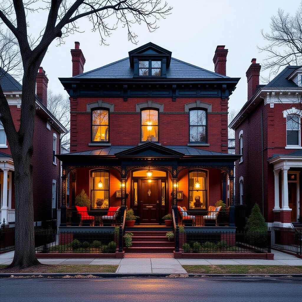 Brownstone House with Golden Lighting, Urban Cultural Aesthe...